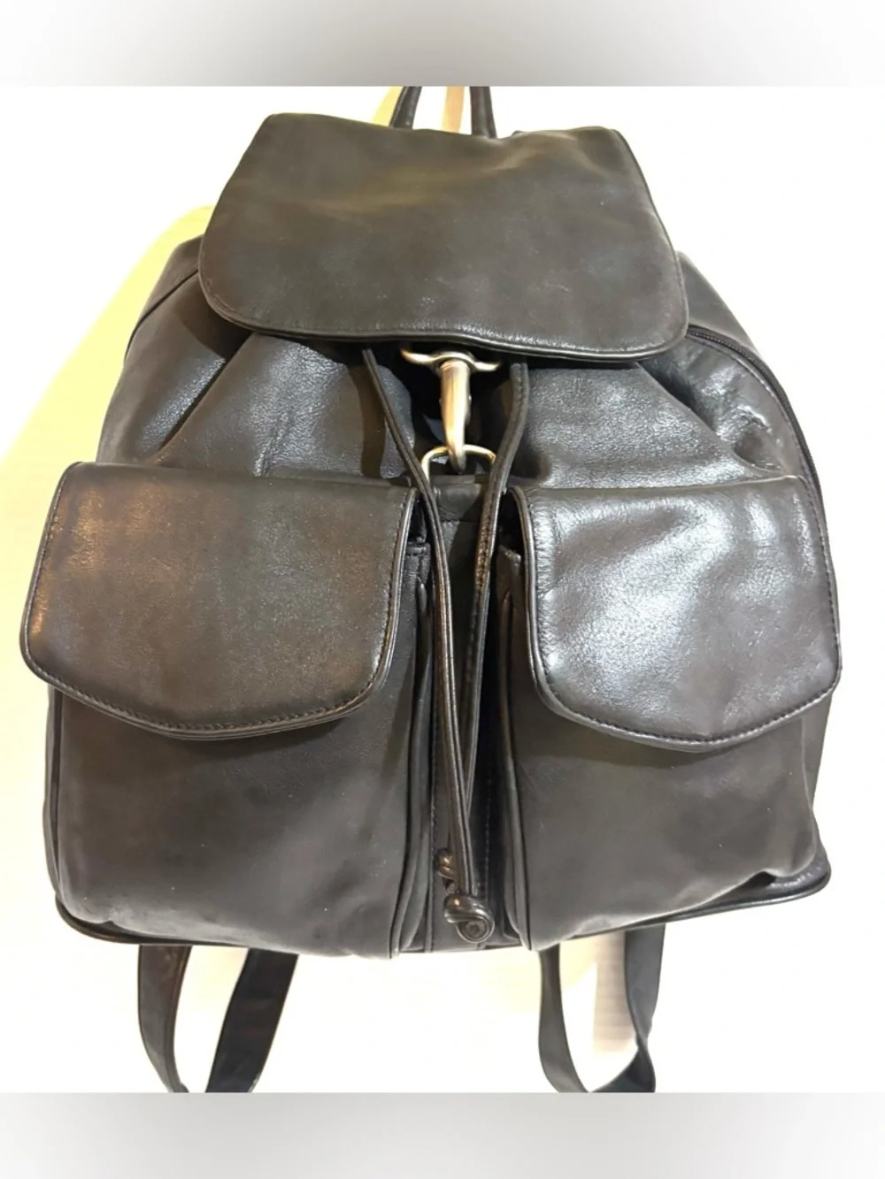 Vintage Black unisex Leather Backpack with Dual Front Flap Pockets
